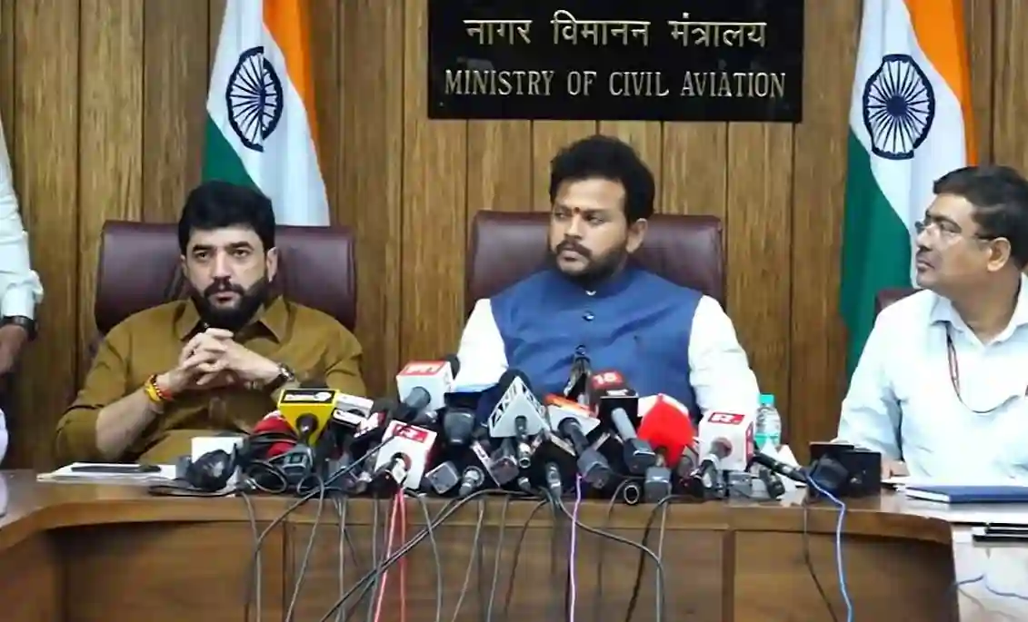 Civil Aviation Minister Ram Mohan Naidu and other officials during media briefing on Ahmedabad Air India crash