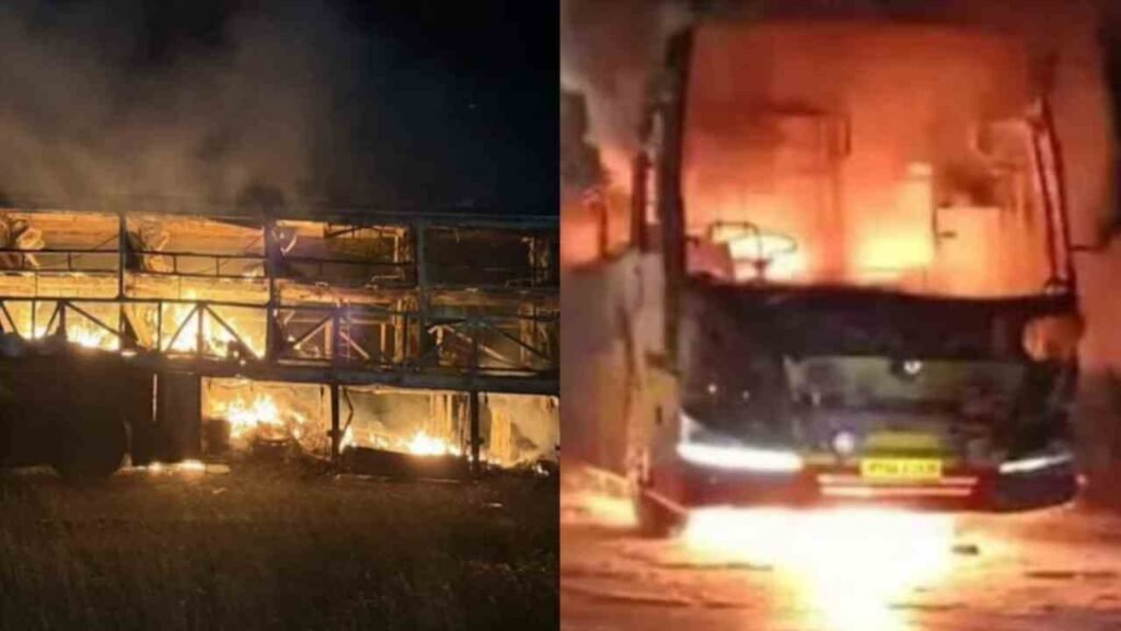 hyderabad bangalore bus accident 1 அதிகாலையிலேயே அதிர்ச்சி!. பேருந்து தீப்பிடித்து பயங்கர விபத்து!. 20 பேர் உயிரிழப்பு!. பலி எண்ணிக்கை உயரும் அபாயம்!