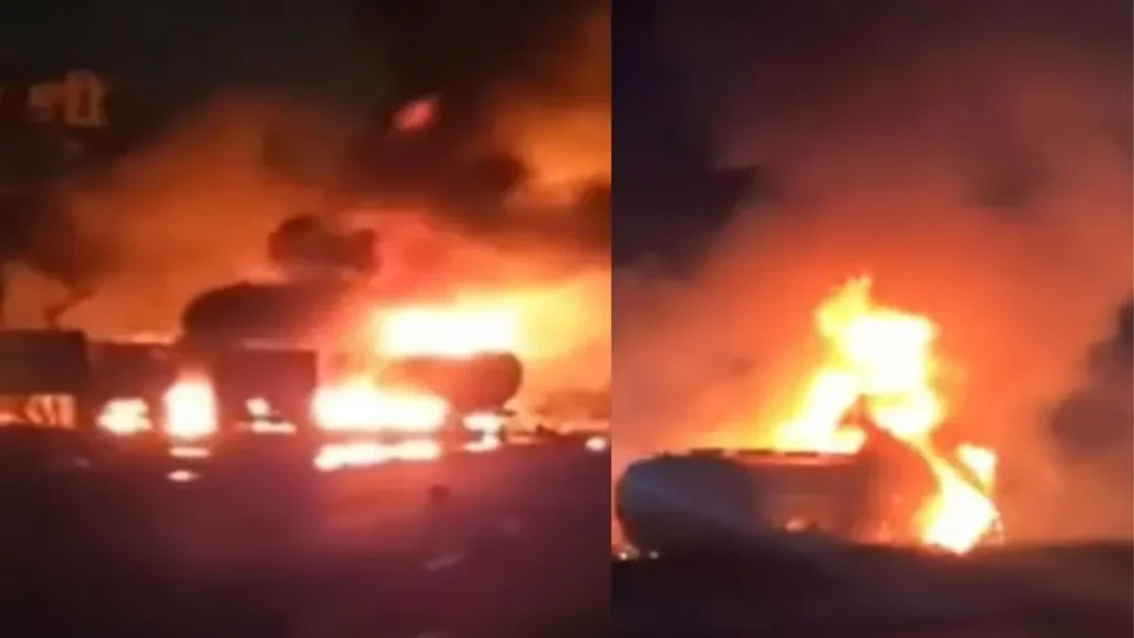 rajasthan 1759885095 1 பயங்கர விபத்து! டேங்கர் மீது மோதியதால் தீப்பிடித்து எரிந்த LPG சிலிண்டர் லாரி; ஒருவர் பலி; Video!