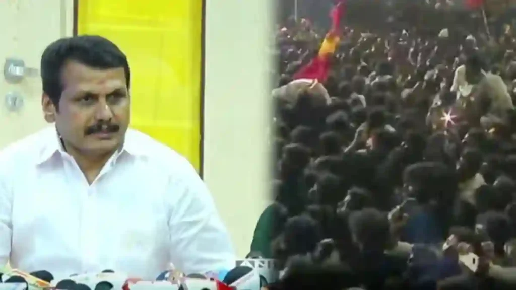 senthil balaji 500 மீட்டருக்கு முன்பு விஜய் விளக்குகளை அணைத்துவிட்டு வாகனத்தின் உள்ளே சென்றது ஏன்? செந்தில் பாலாஜி சரமாரி கேள்வி..