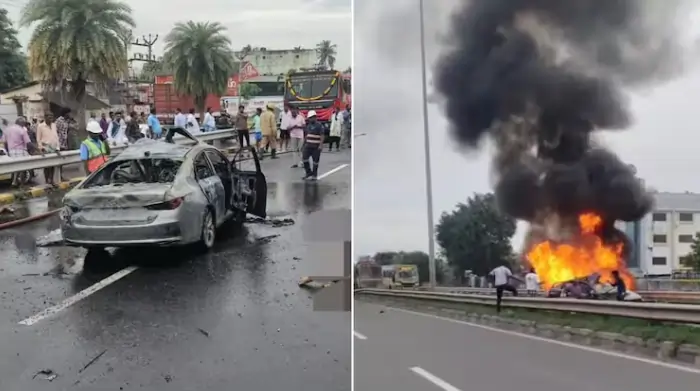 vikravandi accident நடுரோட்டில் பற்றி எரிந்த கார்.. சுற்றுலா சென்ற 3 இளைஞர்கள் உடல் கருகி பலி..!! விக்கிரவாண்டியில் கோரம்..