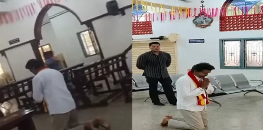 தேவாலயத்தில் முழங்காலிட்ட படியே பிராத்தனை செய்த விஜய்..! திருச்சி ரோட் ஷோ நடுவே வேண்டுதல்..!